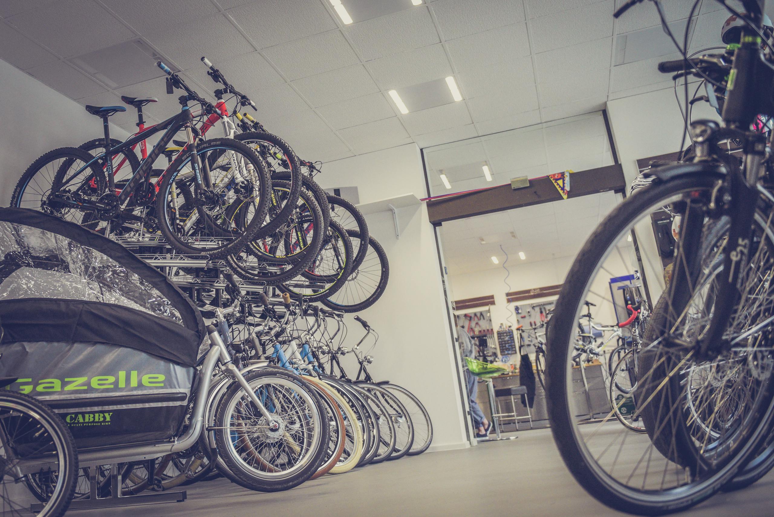 Diverse bicycles displayed in a modern shop interior, showcasing different bike styles and equipment.